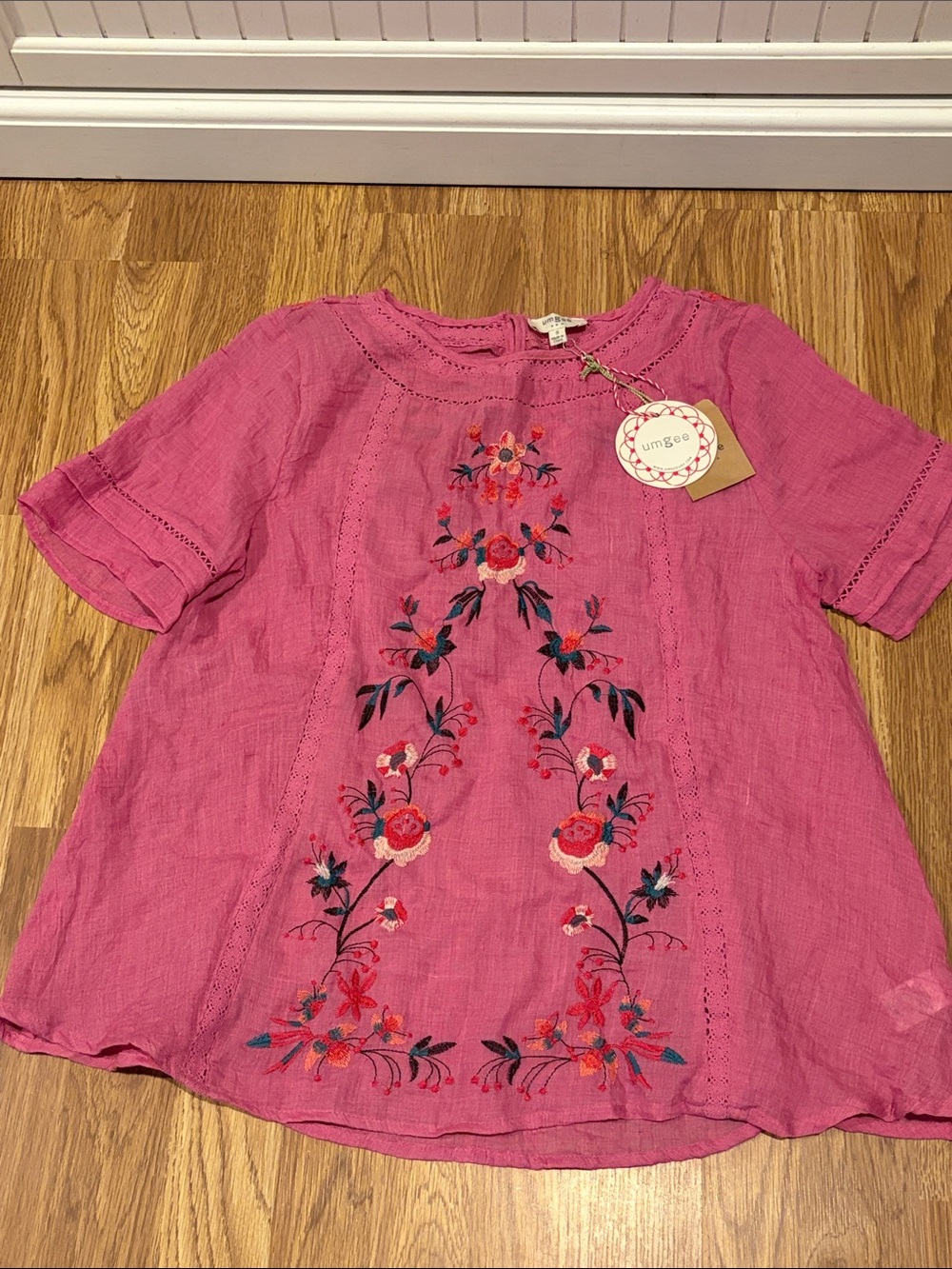Umgee Bright Pink Embroidered Short Sleeve Blouse